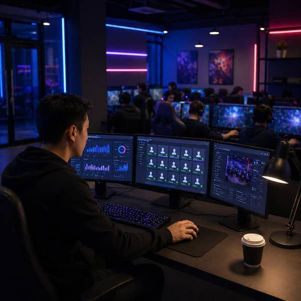 Gaming venue owner managing daily operations with real-time monitoring dashboards, staff coordination, equipment control, and remote management tools inside a modern esports center, showing how gaming venue management software improves business efficiency in 2025