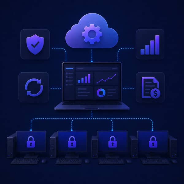 Cloud-based gaming venue management software automating billing, game updates, security, financial reports, and remote supervision for cybercafes and esports centers, showing high automation and efficient business control in 2025