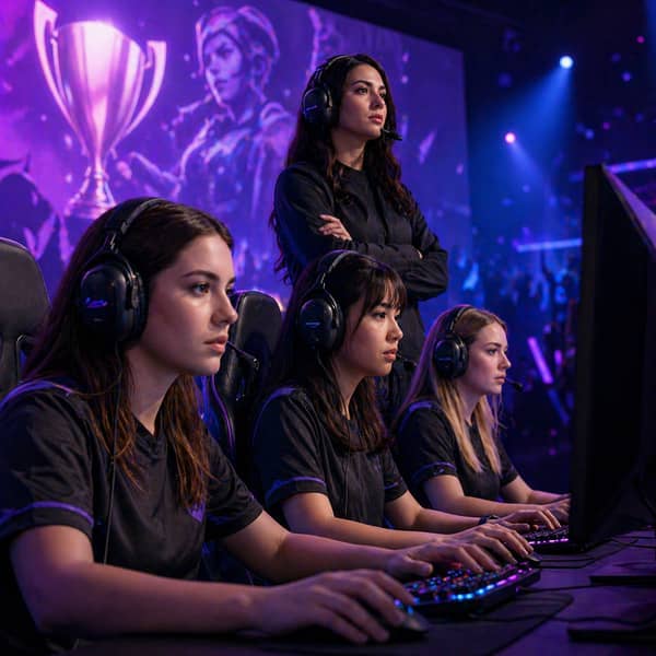 Women in esports team competing in a professional gaming tournament with female players, coach, and esports stage setup, representing growth of female esports, women-only tournaments, and diversity in competitive gaming industry in 2025