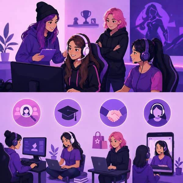Female esports mentors and ambassadors supporting women in competitive gaming through coaching, streaming, recruitment, and online training platforms, helping esports girls build careers in professional gaming and female esports teams in 2025