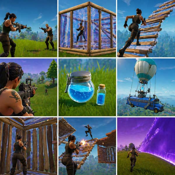 Fortnite gameplay scenes showing 1v1 fights, box building, 90s building technique, Battle Bus, shield potion, storm zone, high ground fights, and common Fortnite terms used by competitive players in 2025