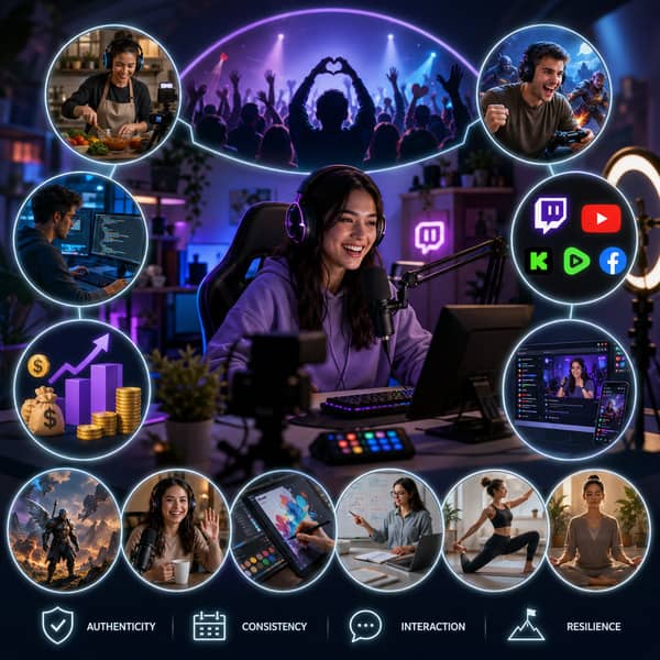 Professional content creator streaming live from a modern gaming setup with microphone, webcam, RGB lighting, and dual monitors, showing how to become a successful streamer on platforms like Twitch, YouTube Live, Kick, and Facebook Gaming in 2025.
