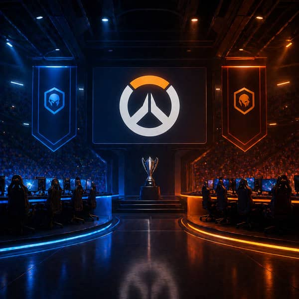 Future of Overwatch 2 Stadium Play with esports arena, team-based competitive divisions, university and club participation, and tournament-ready ranking system, showing how Stadium Ranks connect in-game progression with real-world esports leagues in 2026